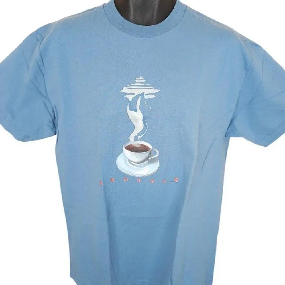 Vintage Seattle Coffee T Shirt Mens Size Large Blue 90s Space Needle Destination